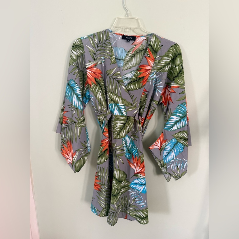 Aakaa Gray Tropical Leaf Wrap Dress with Green, Blue & Coral Print